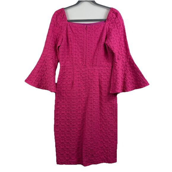 Trina Turk New Favor Pink Square Neck Bell Sleeve Dress Size 4 Sheath Textured - Picture 8 of 15